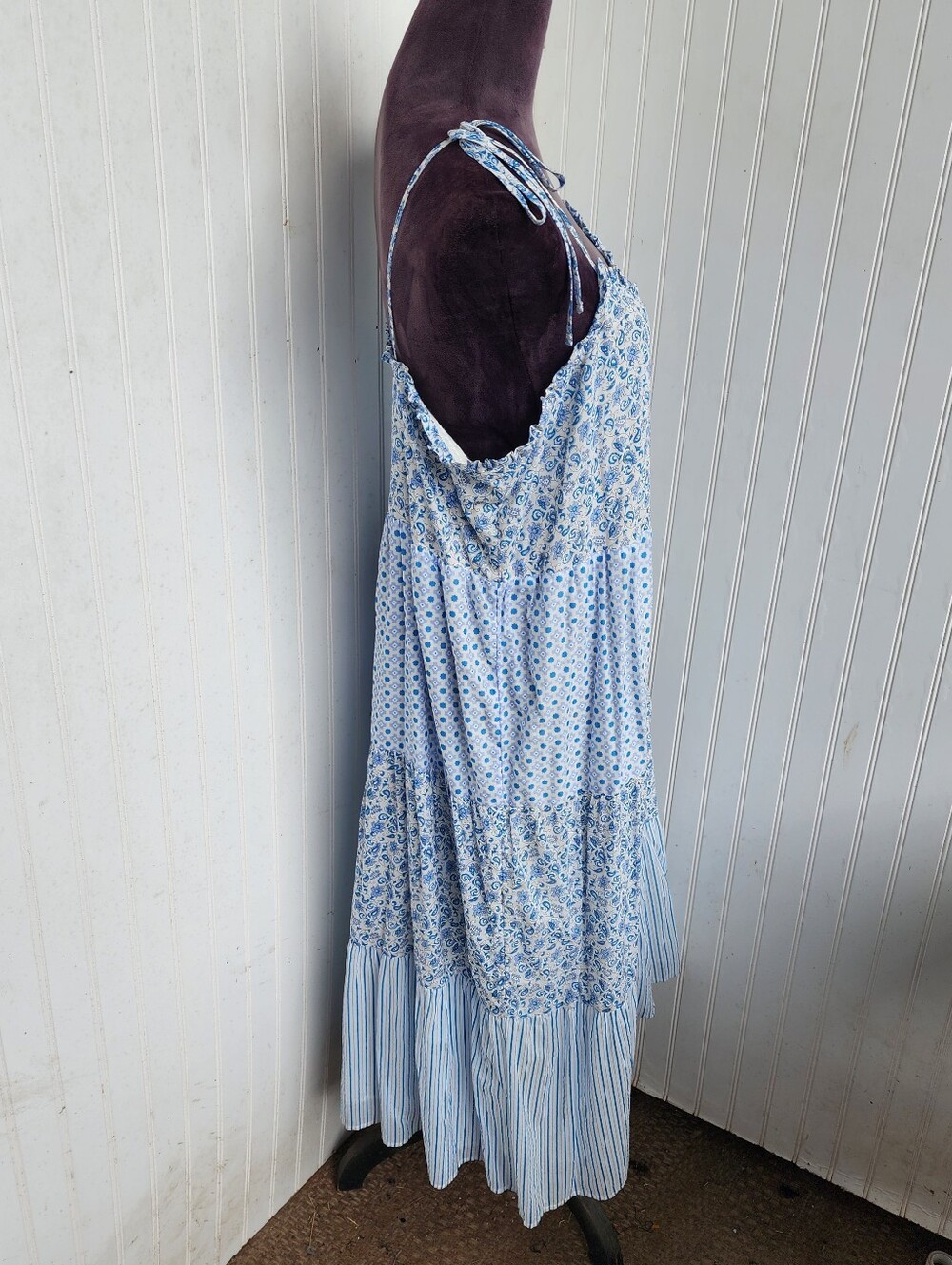 J. Crew Blue White Mixed Print Tiered Cotton Maxi Dress Paisley Striped Tie XL - Picture 7 of 15